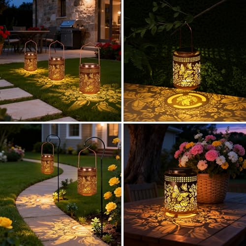 Solar Lanterns Outdoor Waterproof Butterfly Garden Decor Gifts for Women Mom Grandma, Hanging Solar Lights Metal Garden Decoration Outside for Yard, Patio, Backyard, Porch for Gift Card Box Packaging - style: Warm Light