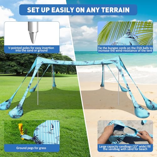 Beach Tent Sun Shelter 10x10ft Beach Canopy Easy Pop Up Sun Shade Portable UPF50+ with 8 Sandbags-2 Sand Shovel-4 Aluminum Poles-Ground Pegs for Outdoor Family Camping Fishing Backyard Picnic - color: Coconut Tree, size: 10x10 FT 4 Pole