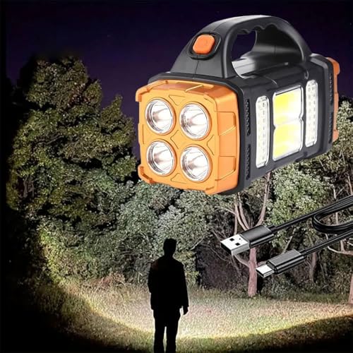IFTHFOUR High Lumens Solar Flashlight - LED Work Light with USB-C Rechargeable, Waterproof, Multi-Function Flashlight & Lantern for Camping, Emergencies, and Outdoor - color: Golden