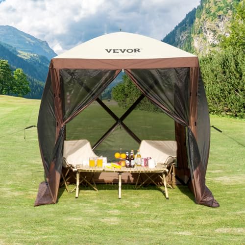 VEVOR Pop Up Gazebo Tent, Pop-Up Screen Tent 4 Sided Canopy Sun Shelter with 4 Removable Privacy Wind Cloths & Mesh Windows, 6x6FT Quick Set Screen Tent with Mosquito Netting, Brown - color: Brown, size: 6x6ft