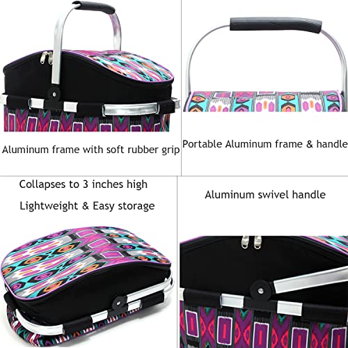 Insulated Picnic Basket 26L Portable Collapsible Market Leakproof Tote with Aluminum Handle for Camping, Shopping, Travel, Large Size (Purple) - color: Purple