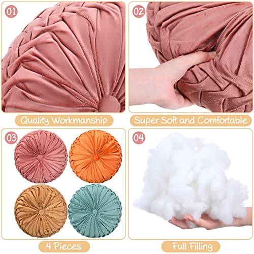 Kathfly Set of 4 Decorative Round Pleated Throw Pillows, Classy Velvet Pumpkin Round Throw Pillows, Decorative Floor Pillow for Bed Chair Home Sofa Decor, 14" Diameter(Colorful) - color: Colorful