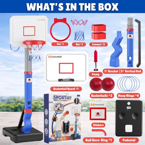 Toddler Basketball Hoop with Ring Toss Game, 2-in-1 Adjustable (2.5–5.5 Ft) Indoor & Outdoor Kids Basketball Set with Mini Balls, Rings, Pump & Stable Base Sports Toy for Boy & Girl Age 1-5