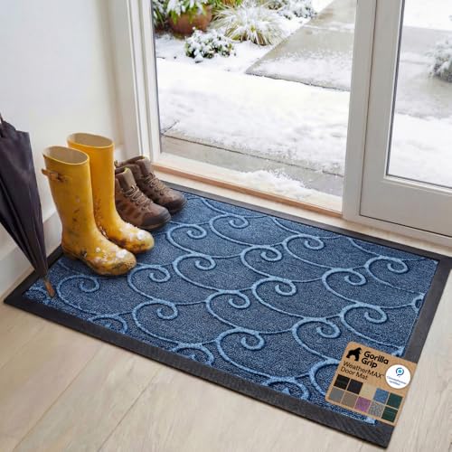 GORILLA GRIP 100% Waterproof All-Season WeatherMAX Doormat, 47x35, US Designed Natural Rubber, Stain and Fade Resistant, Low Profile Indoor Outdoor Door Mats, Easy Clean Patio Mat, Ocean Blue Waves - color: Ocean Blue Waves, size: 47" X 35"