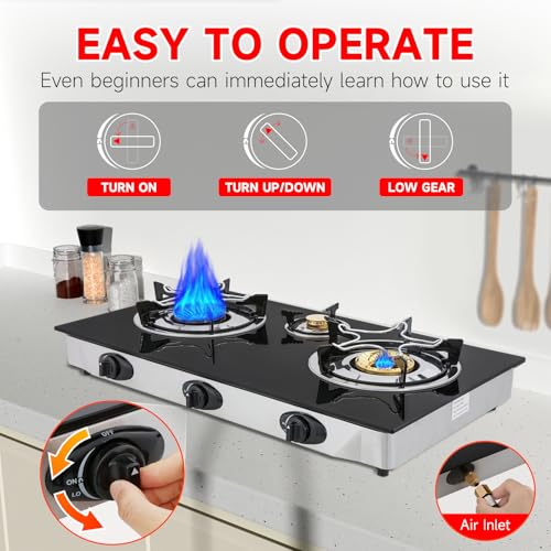 Propane Gas Cooktop,3 Burners Gas Stove portable, 0.28"Tempered Glass, Auto Ignition Camping 3 Burner LPG for RV,Apartments,Outdoor