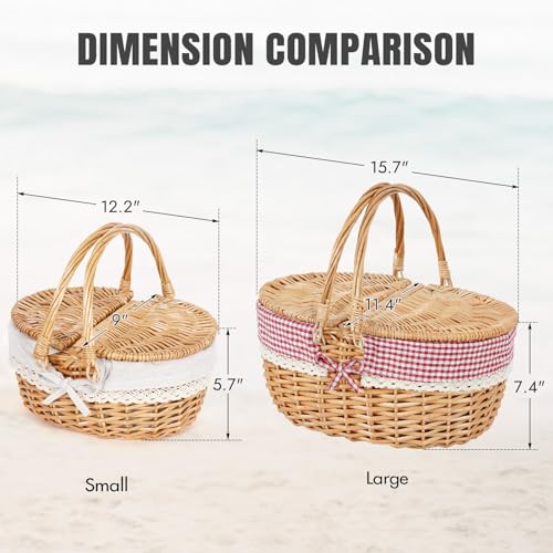 HappyPicnic Wicker Picnic Basket with Lid and Handle - Hand-Woven Basket with Removable Liner for Picnic, Camping, Easter, Halloween, Thanks Giving or Birthday (Red Check, Large) - color: Red Check, size: Large