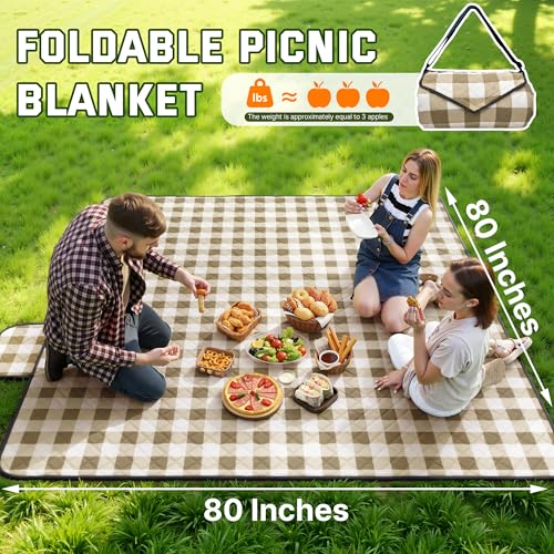 TigeJoy Extra Large Picnic Blanket Waterproof Foldable 60''x80'', Outdoor Picnic Mat Beach Blanket Sandproof for Park, Grass, Travel, Hiking, Camping Essentials, Gingham Picnic Blanket - color: Khaki, size: 6'8" x 5' (Rectangular)