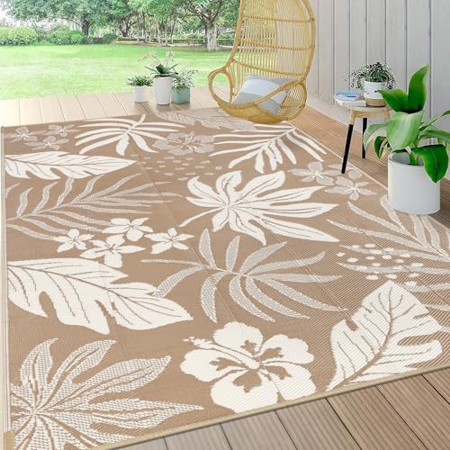 Pauwer Waterproof Outdoor Rug 6x9, Reversible Plastic Straw Patio Camping Rug, Indoor Outdoor RV Mat Carpet for Deck, Camper, Porch, Balcony, Backyard, Picnic, Floral Brown - color: Floral Brown, size: 6' x 9' (Rectangular)