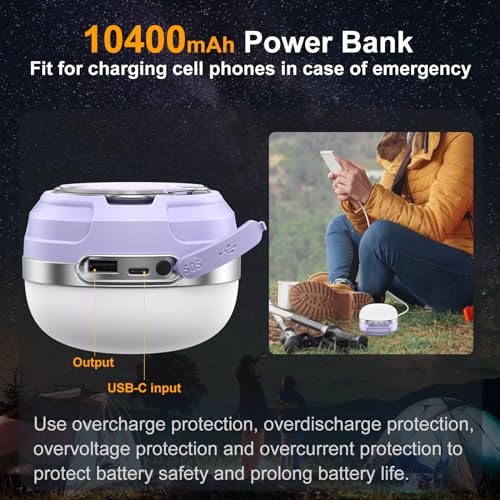 LED Camping Lantern Rechargeable 1400LM, Up to 420H Running Time Camping Tent RGB Light, 10400mAh Emergency Hanging Light for Hurricane, Power Outages, Home, Hiking,Violet - style: Violet Ultra