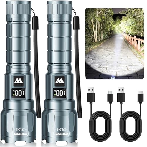 WdtPro LED Rechargeable Flashlight 2 Pack, 3 Modes Super Bright High Lumens Flashlights, Zoomable Tactical Flash Light with LCD Display, IP65 Waterproof Flashlights for Home Emergency Camping - Grey - color: Gray