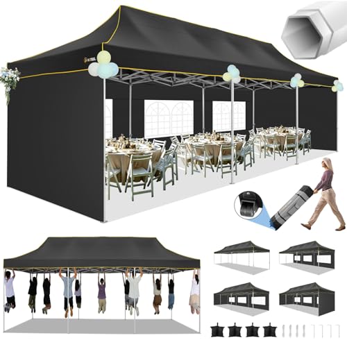 HOTEEL 10x30 Heavy Duty Pop Up Canopy Tent with 5 Sidewalls&Wheeled Bag, Commercial Event Party Tent Wedding Instant Canopy Waterproof, Upgraded Thicked Hexagonal Legs, UV 50+, Black - color: Black, size: 10x30FT (+5 Walls)