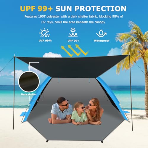 Gorich Beach Tent with Canopy - Easy Setup 3-4/5-6/7-8 Person Portable Sun Shelter, UPF 50+ UV Protection Sun Shade, Lightweight & Compact Beach Cabana for Family Travel - color: Dark Shelter-Skyblue, size: 5-6 Person