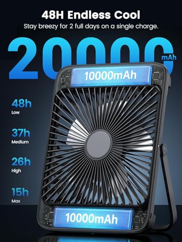 Warmco 20000mAh Battery Powered Fan, Ultra-Slim 8-Inch Portable Camping Fan with LED Lantern, Up to 48H Runtime Rechargeable Desk Fan for Bedroom, Outdoor, Tent, Travel, Cruise Ship Essentials - color: Black