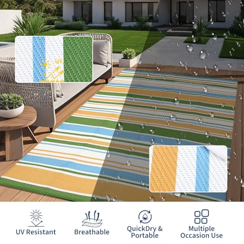 GarveeHome Outdoor Rug 8x10 Colorful Geometric Lines Plastic Straw Indoor Outdoor Rugs Striped Reversible Patio Outdoor Rug Portable Outside Carpet for Trailer RV Beach Pool, Yellow Blue Green White - color: Geometric Stripes| Yellow Blue Green White, siz