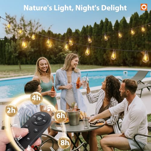 addlon 102FT(96FT+6) Solar String Lights Outdoor Waterproof with USB Port & Remote Control Solar Patio Lights for Outside Solar Powered with 52 LED Dimmable Bulbs for Porch Garden Deck Halloween - size: 96+6FT(48 Sockets)