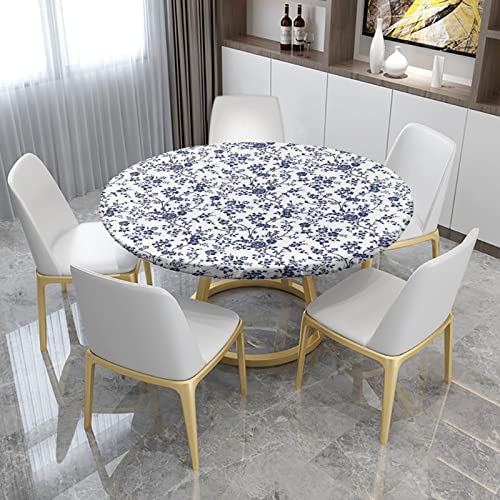 Blue Floral Fitted Tablecloth Round with Elastic, Pastoral Style Floral Spring Edge Table Cover Pad for Outdoor Picnic Party or Indoor Kitchen Patio Dining Table Decor Fits Tables Up to 40" Diameter - color: Blue, size: 36" (Round)