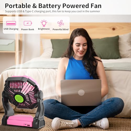 Portable Fan Rechargeable Camping Essentials, Cordless Camping Fan Battery Powered with Led Lights & 360°Hook, USB Battery Operated Fans for Women,4 Speeds Tent Portable for Traveling X23 Pink - color: Pink