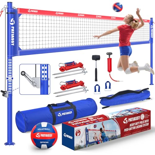 Professional Heavy Duty Volleyball Net Set for Backyard & Beach, Outdoor Net System with Steel Anti-Sag Winch, 32FT Reinforced Net, Height Adjustable Rust-Resistant Aluminum Poles, Portable Carry Bag - color: F-Red and Blue