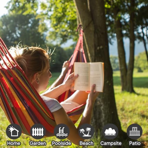 ANYOO Cotton Hammock Portable Camping Hammocks for Hanging Sturdy Garden Comfortable Fabric Hammock with Tree Straps Up to 660lbs with Travel Bag for Camping Outdoor/Indoor Patio Backyard - color: Red