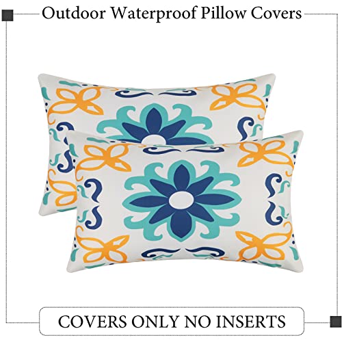 Pyonic Outdoor Waterproof Throw Pillow Covers Set of 4 Floral Printed and Boho Farmhouse Outdoor Pillow Covers for Patio Funiture Garden 12x20 Inch Blue - color: Blue, size: 20" x 12" (Pack of 4)