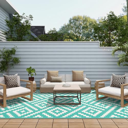 GENIMO Outdoor Rug for Patio Clearance, 6'x9' Waterproof Camping Mat, Reversible Plastic Straw Rugs for RV, Camper, Balcony, Backyard, Picnic, Deck (Lake Green & Beige White) - color: Lakegreen&beigewhite, size: 6' x 9' (Rectangular)