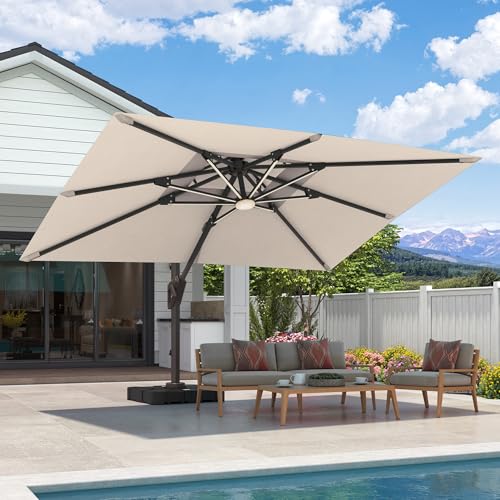 9x12 FT Cantilever Patio Umbrella with Base and Led Lights Double Top Outdoor Rectangular Large Heavy Duty Aluminum Offset Umbrellas with 7 Level Tilt 360-degree Rotation for Pool Garden Deck, Beige - color: Beige, size: 9' X 12'-with Light & Base