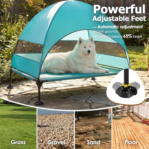 Elevated Dog Bed with UV-Proof Canopy, Outdoor Dog Tent with Powerful Adjustable Feet, Portable Pet Cot with Wider Shade, Raised Cooling Bed for Camping, Patio, Beach, Poolside - color: Aqua, size: Large: 42.0"L x 30.0"W x 33.0"Th