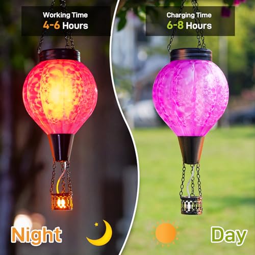 2PC Hot Air Balloon Solar Lantern with Flame, Pink Glass Balloon Lantern Lights Outdoor Waterproof, Hanging Solar Lights for Outside Garden Yard Patio Tree Porch Gift for Women Lovers Mom - color: 2PCS-Pink