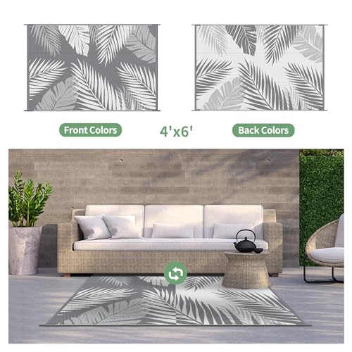 GENIMO Outdoor Rug 4' x 6' Waterproof for Patios Clearance, Reversible Outdoor Plastic Straw Camping Rug Carpet, Large Area Rugs Mats for RV, Camper, Deck, Balcony, Porch, Beach, Picnic, Grey&White - color: Grey & White | Waterproof, size: 4' x 6' (Rectan