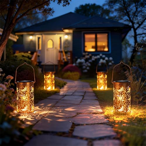 DIBIEECN Mothers Day Gifts for Mom, Birthday Gifts Grandma Ladies Solar Lanterns Outdoor Hanging Hollowed-Out Metal Waterproof LED Garden Decor Outside for Patio Yard Porch, Sun and Moon, 1 Pack - style: Star Moon