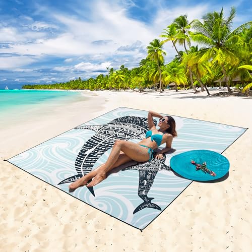 HIHOHO Beach Blanket Waterproof Sandproof Beach Mat 79”x 83” for 1-8 Adults Quick Drying Durable Outdoor Picnic Mat for Beach Festival Travel Camping Hiking (Whale, 79"×83"(4 Person)) - color: Bl-whale, size: 6'11" x 6'7"