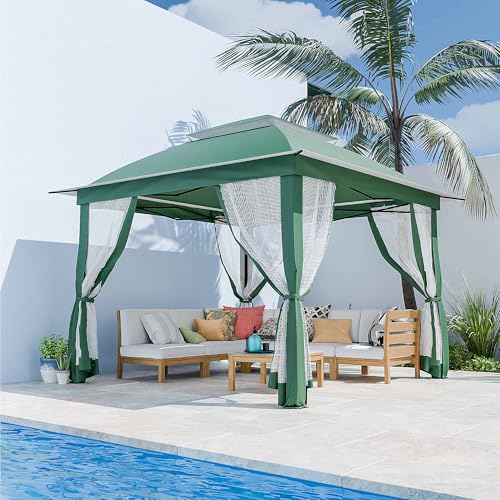 11'X11' Gazebo Pop Up with 4 Sidewalls Mosquito Netting, Heavy Duty Patio Gazebo Canopy Tent with Double Air Roofs for Backyards, Patios, Decks, Gardens, Parks - color: Green Top
