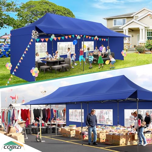 COBIZI 10x30 Pop Up Canopy Tent with Awning & Sidewalls, Heavy Duty Commercial 10X30 Canopy Tents Instant Waterproof, UPF 50+ Sun Shade for Outdoor, Parties, Markets (Deep Blue) - color: Deep blue, size: 10x30FT with 5 Sidewalls & 3 Awning Cloth
