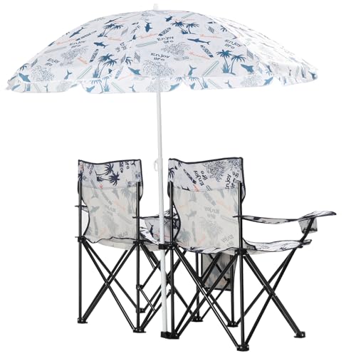 Double Folding Camping Chair W/Umbrella Fold Up Table Beverage Holder Carrying Bag Cooler for Patio Pool Park Outdoor Beach, Picnic, Portable (Coconut) - color: Coconut