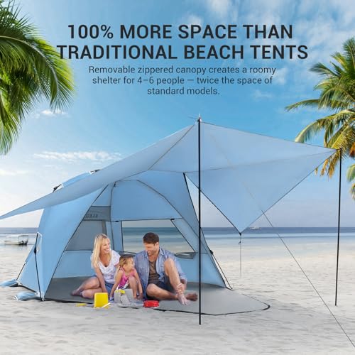 Elegear CumbreX™ Beach Tent with 360° Removable Canopy, 4-6 Person Pop Up Sun Shade Shelter, UPF 50+ Automated Installation Double Silver Coating Portable Lightweight Beach Cabana for Beach/Outdoor - color: Sky Blue