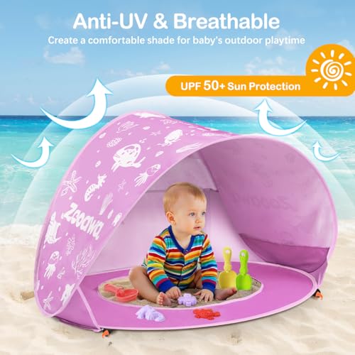 Baby Beach Tent, Pop Up Beach Tent Sun Shade for Beach, Portable Shade Pool UV Protection Sun Shelter for Infant with Beach Sand Toys Set - color: Patterned Pink