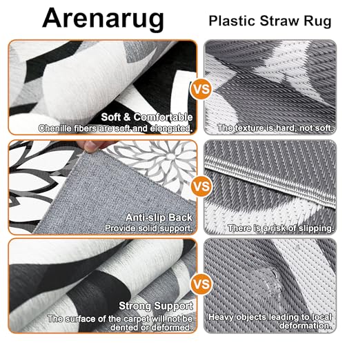 8x10 Outdoor Area Rug Washable Multicolored Patio Rug Tropical Botanical Floral Chenille Waterproof Outdoor Carpet Non-Slip for Deck, Backyard, Porch, Black - color: Black White, size: 8' x 10' (Rectangular)