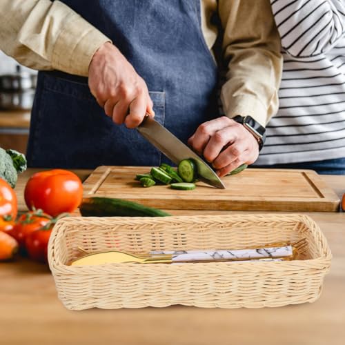 Amosfun Rattan Woven Cutlery Basket 2-Pack 9.84X3.93X1.96 Inch Wicker Utensil Organizer Spoon Fork Holder for Kitchen Drawer Countertop Storage
