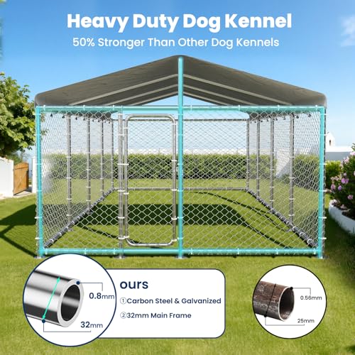 20x10 FT Extra Large & Heavy Duty Dog Kennel Run - Outdoor Metal Enclosure with Lockable Door and Waterproof Cover for Big Dogs - size: 240x120in