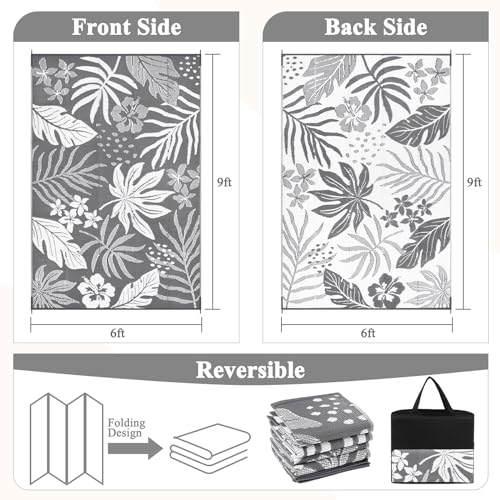 Pauwer Waterproof Outdoor Rug 6x9, Reversible Plastic Straw Patio Camping Rug, Indoor Outdoor RV Mat Carpet for Deck, Camper, Porch, Balcony, Backyard, Picnic, Floral Grey - color: Floral Grey, size: 6' x 9' (Rectangular)
