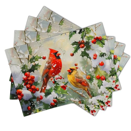 Birds Christmas Placemats Set of 4, 12x18 Inch Winter Xmas Tree Branches Red Berries Washable Reusable Linen Fabric Place Mats for Farmhouse Kitchen Dining Party Table Decoration - color: Winer Birds Berry