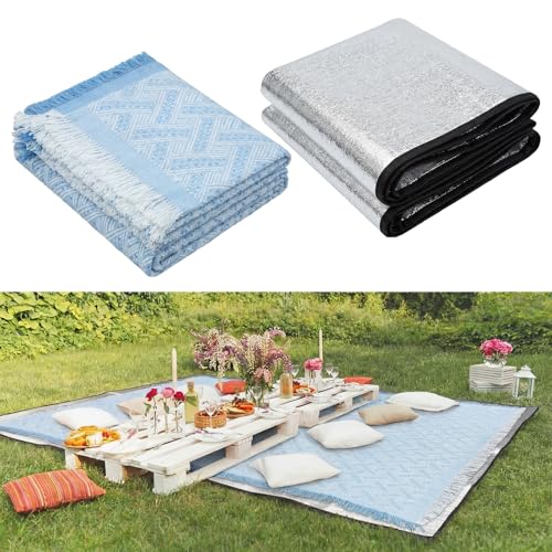 Hahafelt Extra Large Outdoor Picnic Blanket Oversize Beach Woven Cotton Yarn Blanket with Fringe Machine Washable Sandproof Portable for Spring Summer Camping Beach Park(Blue) - color: Blue