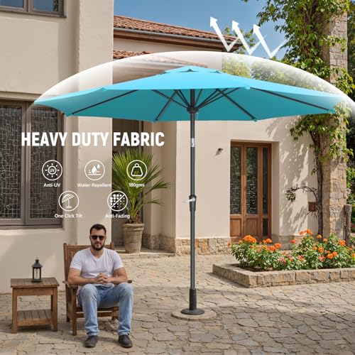 Outdoor Patio Umbrella with One Push Button Tilt and Crank, 8 Sturdy Ribs Market Table Umbrella - color: Turquoise-Steel Ribs, size: 9FT