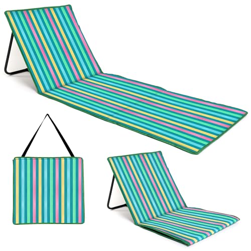 just be... Beach Sun Mat Folding Lightweight Portable Adjustable Sunbathing Recliner with Backrest Support and Valuables Pocket for Holidays Garden Camping Park Festivals - Dark Multicolour Stripes - color: Dark Multicolour Stripes
