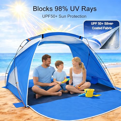 Beach Tent Sun Shelter with UPF 50+ UV Protection, Dual Door Design for Better Ventilation, Easy Setup Portable Beach Shade Canopy with Carrying Bag for Beach, Camping, Fishing and Outdoor Travel - color: Blue-Dual Door, size: Standard 3-Person