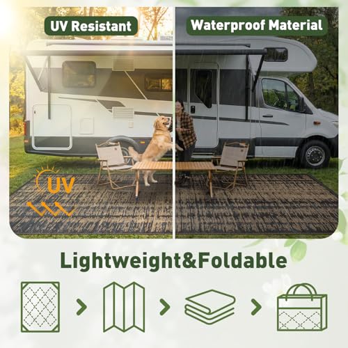 MontVoo Outdoor Rug Waterproof 8x10 ft Outdoor Carpet Patio Rug Mat Reversible RV Camping Rug Plastic Straw Outside Rug for Balcony Porch Deck Picnic Beach Modern Black Brown - color: Brown, size: 8' X 10' (Rectangular)