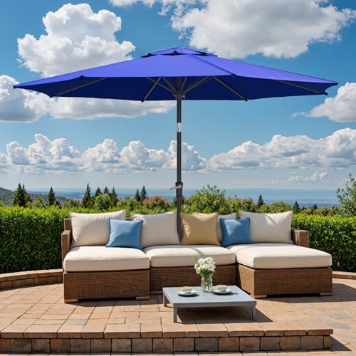 Outdoor Patio Umbrella, Table Umbrella with Push Button Tilt and Crank, 8 Ribs Market Umbrella - color: Dark Blue-Steel Ribs, size: 10FT