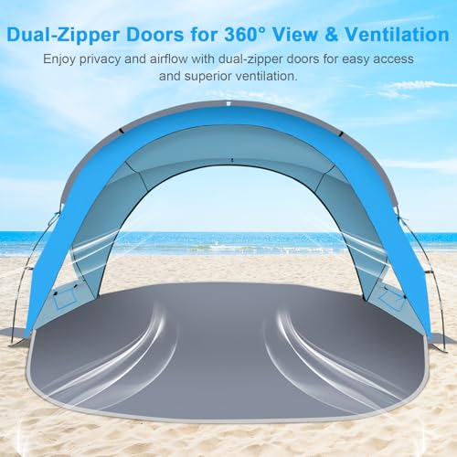Gorich Beach Tent Sun Shelter with UPF50+ UV Protection for 1-2/3/4-5/6-7 Person, Lightweight & Portable Beach Shade Canopy with 2 Zippered Doors, Easy Setup Family Beach Umbrella - color: Skyblue, size: 3 Person