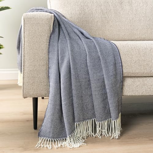 PAVILIA Herringbone Blanket Throw with Fringe,Faux Cashmere Knitted Throw with Tassels for Couch Bed,Decorative Farmhouse Soft Lightweight Plush Fuzzy Cozy,50x60,Herringbone - Navy Blue - color: Herringbone - Navy Blue, size: 50 X 60 Inches - Throw