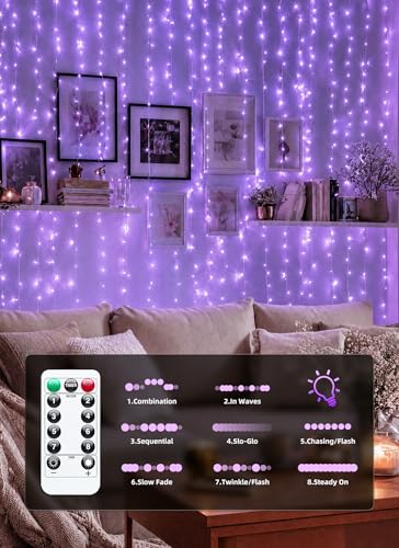 Brightown 300 LED Purple Fairy Curtain Lights, 9.8ft x 9.8ft String Lights, USB Plug in 8 Lighting Modes Christmas String Hanging Lights with Remote for Bedroom Indoor Outdoor Party Xmas Purple 1 Pack - color: Purple, size: 1 Pack-300 LED